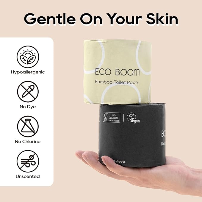 ECO BOOM Toilet Paper 100% Bamboo 3-fly, PFAS Free, BPA Free, Septic Safe, 48 mega Rolls, FSC Certified, 360 Sheets, Plastic & Chemical Free
