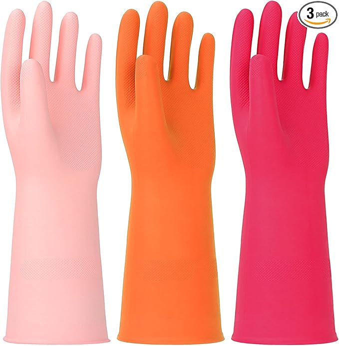3 Pairs Rubber Cleaning Gloves Latex Free Dishwashing Gloves - 13" Reusable Nitrile Gloves Medium, Orange+Pink+Red