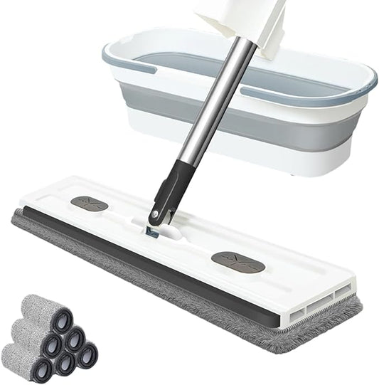 Large Flat Mop with Folding Bucket – Self-Wringing Floor Mop Set with 54" Stainless Steel Handle, 6 Reusable Microfiber Pads, 360° Swivel Head for Home Cleaning on Tile, Wood, Laminate (B-White)