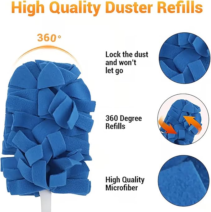 360° Electrostatic Duster Refills with Handle — The Sustainable Choice for a Dust-Free Home, Reusable & Washable, Heavy-Duty Multi-Surface Cleaning for Fans, Blinds, Cars & Office (Long Handle)