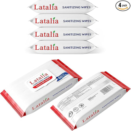 Latalia Hand Wipes Pack of 4 | 80% Alcohol Hand Sanitizer Wipes for Hands & Face Moisturizing, Gentle, Convenient and Fragrance Free (40 Counts)