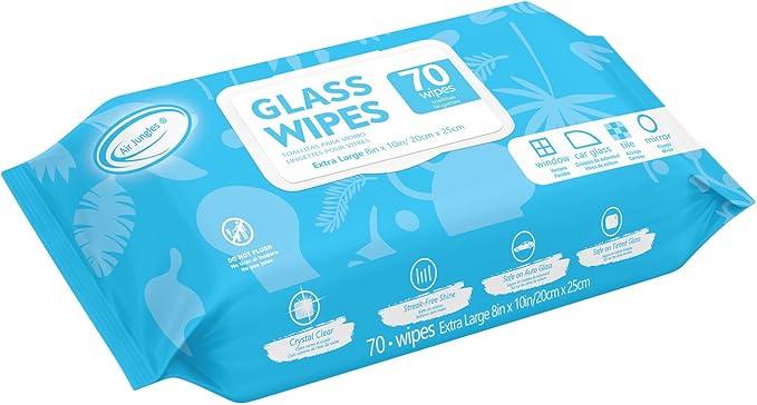 Air Jungles Glass and Window Cleaner Wipes 70 Count, Extra Large 8" x 10" Size Multi-Surface Glass Cleaning Wipes for Car Windshield, Headlight, Mirror, Tile, and Household Appliance