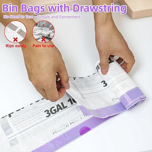 OKKEAI (2.6 Gallon) 3 Gallon Small Trash Bags with Drawstring, 64 Count Printed Bathroom Garbage Bags – Leak-Proof Tear-Resistant Wastebasket Liners for Bathroom, Kitchen, Office