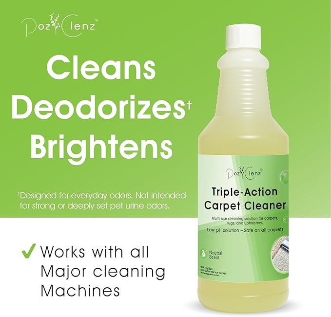 Poz Clenz Triple-Action Carpet Cleaner | Cleans, Deodorizes & Brightens | Concentrated, 1 Quart | Low-Foam Multi-Surface Solution for Use on Carpets, Rugs & Upholstery.