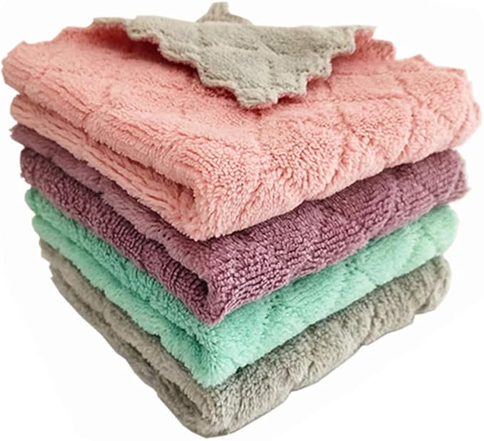 4-Pack 9.85"x9.85" Microfiber Cleaning Cloth，Dish Towels, Double-Sided Dish Drying Towels，Reusable Household Cleaning Cloths for House Furniture Table Kitchen Dish Window Glasses