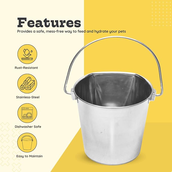 6 Quart Stainless Steel Flat Side Bucket | Durable Heavy Duty Food & Water Feeding Pails for Dog Cat Goat Sheep | Fits kennels Cages Critter Crates Hanging Pet Pail | Multipurpose Buckets