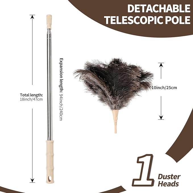 MehelloFeather Ostrich Feather Duster 27-94Inch Retractable Fluffy Natural Detachable Ostrich Feather Duster Used for Household Cleaning and High-Altitude Cleaning (1PCS)