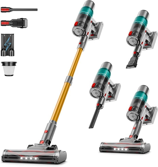 Clinkal Cordless Vacuum Cleaner: 40KPA Powerful Suction Cordless Stick Vacuum Cleaners for Home, Anti-Tangle Brush, Lightweight, 6-in-1 Rechargeable Vacuum for Pet Hair/Carpet/Hard Floor(Green)