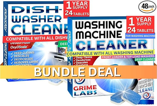GRIME LABS Washing Machine & Dishwasher Cleaner Tablets Bundle – 12-Month Supply | Deep Cleaning & Deodorizing Tablets for Dishwashers & Washing Machines | 48-Tablet Set – Value Pack
