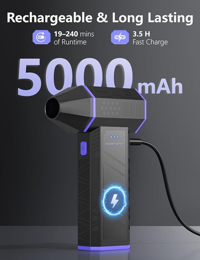 Electric Compressed Air Duster - Cortify 130,000 RPM High-Power Air Blower, Rechargeable 3-Speed Mini Handheld Dust Blower for PC, Keyboard, Electronics, Car and Home Cleaning
