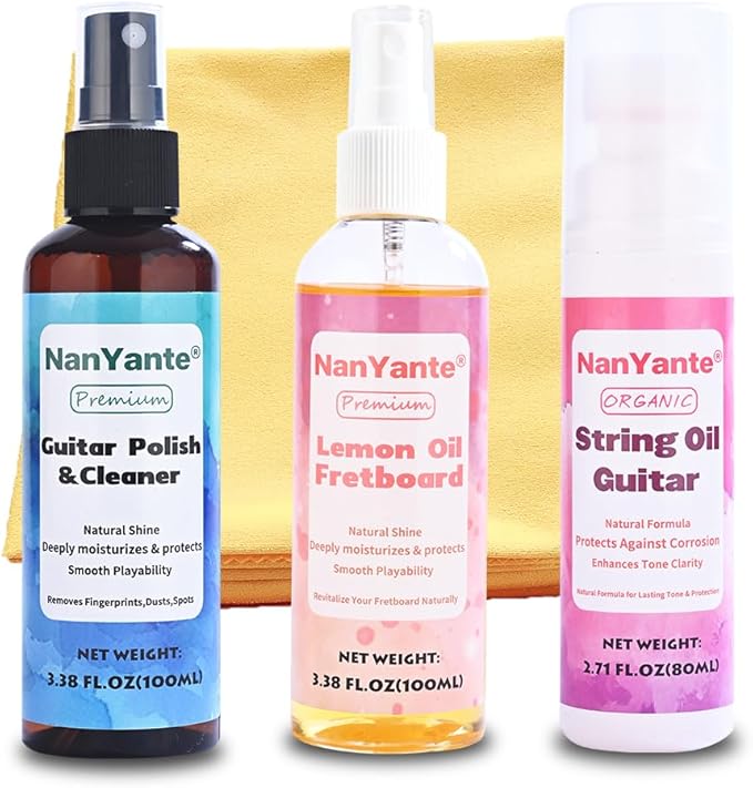 Guitar Cleaning Care Kit | 100ml Polish&Cleaner + 100ml Lemon Oil + 80ml Rust Prevention Oil | All-in-One Guitar Care Bundle with Free Microfiber Cloth | Pro-Grade Cleaning & Protection