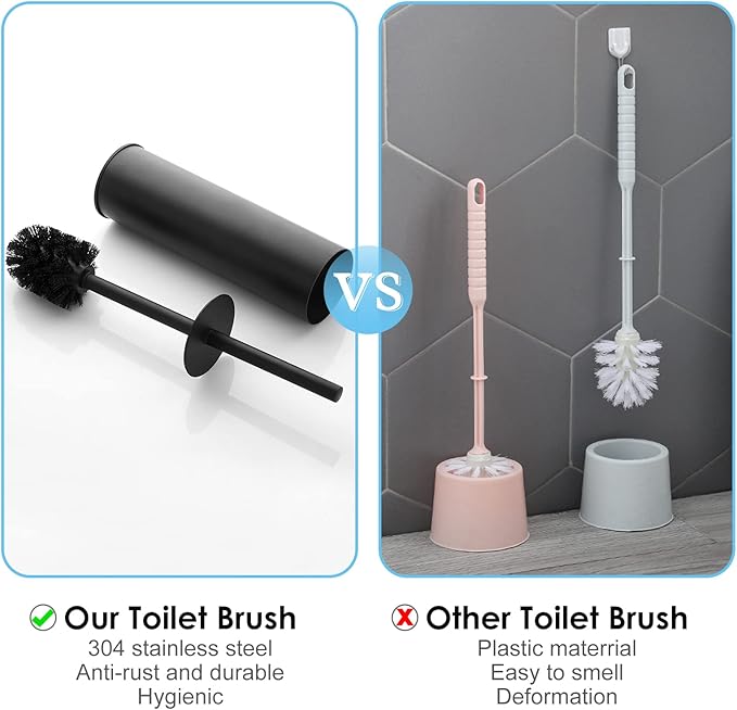 Kelirol Toilet Brush and Holder Set Black Stainless Steel, 304 Heavy Duty Round Toilet Brush Set – Rust Resistant, Long Handle, Replacement Heads, Floor Standing Bathroom Toilet Cleaning Brush