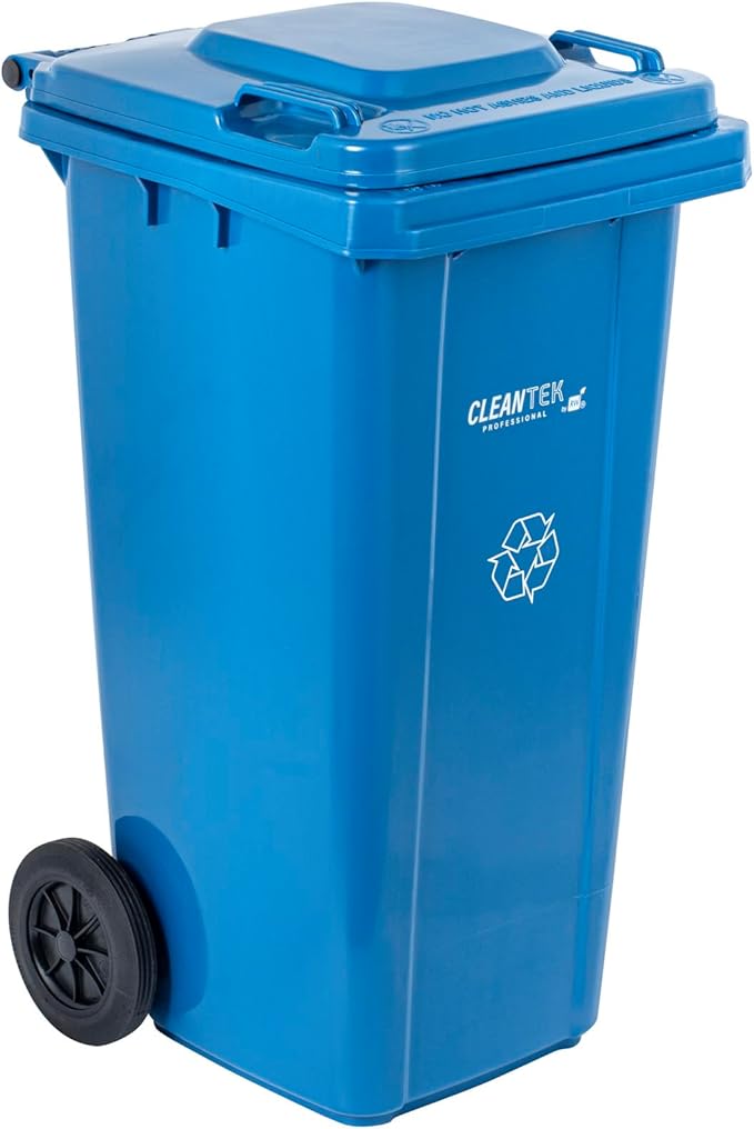 Clean Tek Professional 32 Gallon Trash Can With Wheels, 1 Garbage Can With Lid - Step-On Attachment Sold Separately, Rectangle, Blue Plastic Dustbin, Long-Lasting, For Outdoor - Restaurantware