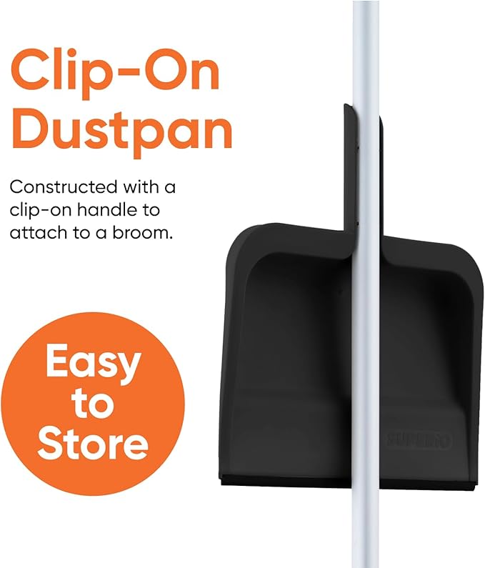 Superio Clip-On Dustpan with Rubber Lip - 10-inch Wide Durable Plastic Dust Pan with Comfort Grip Handle, (Clip-on Dustpan with Rubber Lip, Black) (Black)