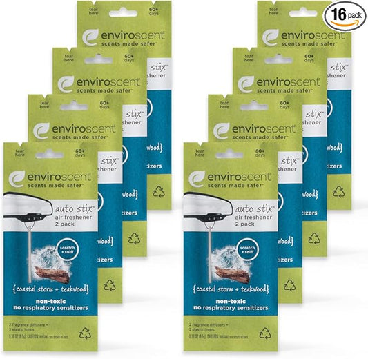 Enviroscent Non-Toxic Car Air Freshener | Natural Car Air Freshener | Essential Oil Diffuser | Car Scent Lasting Over 480 Days | 8 Packs of 2 Hanging Auto Stix (Coastal Storm & Teakwood)