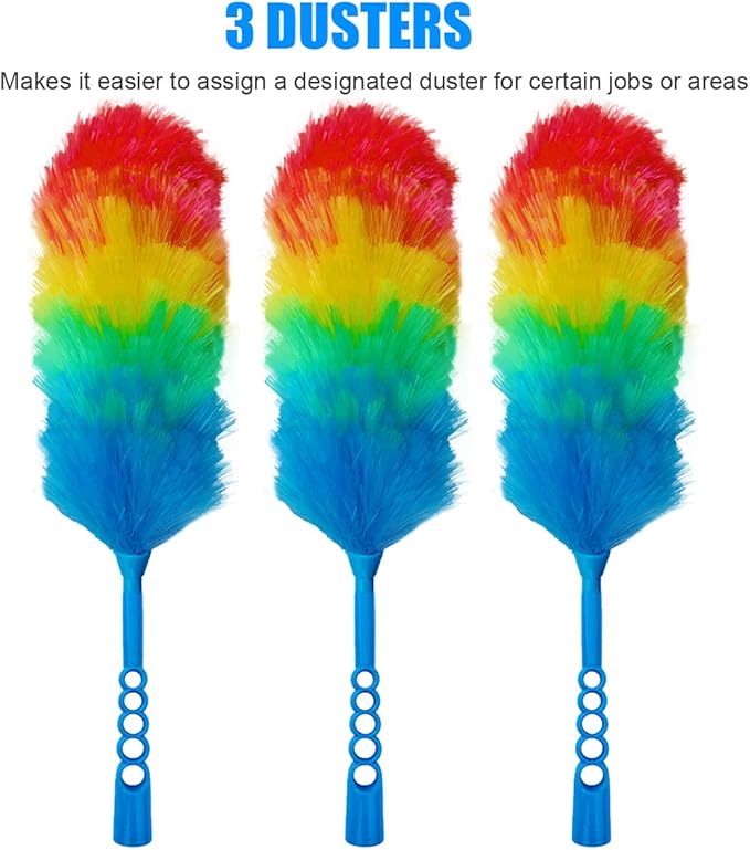 Tockrop 3 Pack Upgrade 19” Rainbow Static Feather Duster with Beandable and Washable Head - More Fibers Bigger Head Less Loss of Fiber