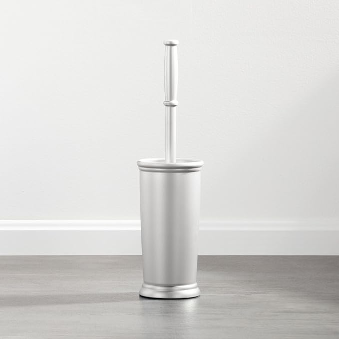 mDesign Compact Freestanding Plastic Toilet Bowl Brush and Holder for Bathroom Storage and Organization - Space Saving, Sturdy, Deep Cleaning, Covered Brush - Silver