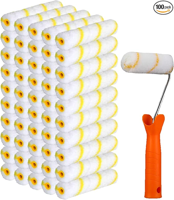 100 Pieces 4 Inch Paint Roller Covers Small Roller Nap with Roller Frame Kit Mini Paint Rollers for House Painting Wall Painting Tools