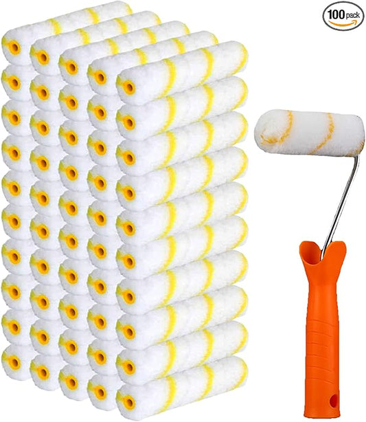 100 Pieces 4 Inch Paint Roller Covers Small Roller Nap with Roller Frame Kit Mini Paint Rollers for House Painting Wall Painting Tools
