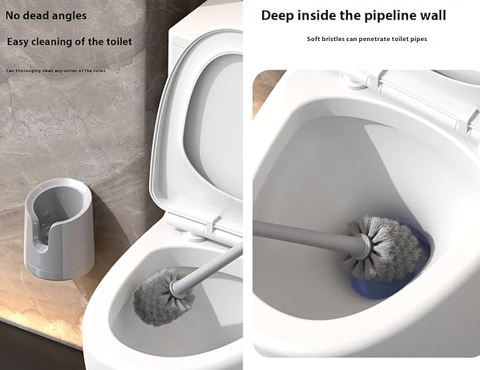 Wall Mounted Toilet Brush Set with No-Drill Adhesive & Drip-Free Tray Space-Saving Toilet Cleaning Brush Holder Deep CleansNoMessStorageSlides Under Sinks (Gray)