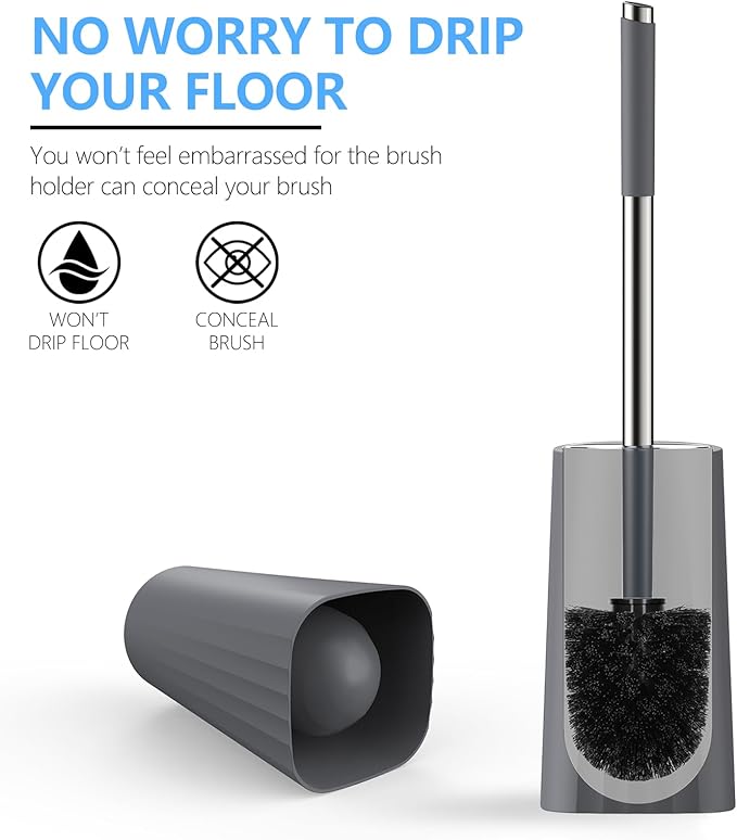 SetSail Toilet Brush, Compact Size Toilet Bowl Brush and Holder Toilet Brushes for Bathroom with Stainless Steel Handle Toilet Cleaner Brush with Durable Scrubbing Bristles, Grey