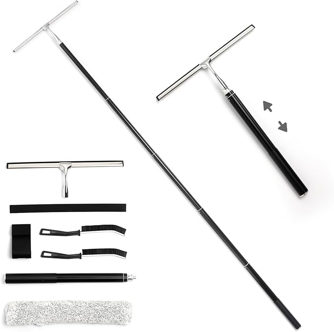 Mesiiloly 59.5" Long Handle Window Squeegee with Extension Pole, 12.4" Wide Metal Shower Squeegee for Glass Doors, Floor Squeegee for Home Window Cleaning, Tile Wall, Car