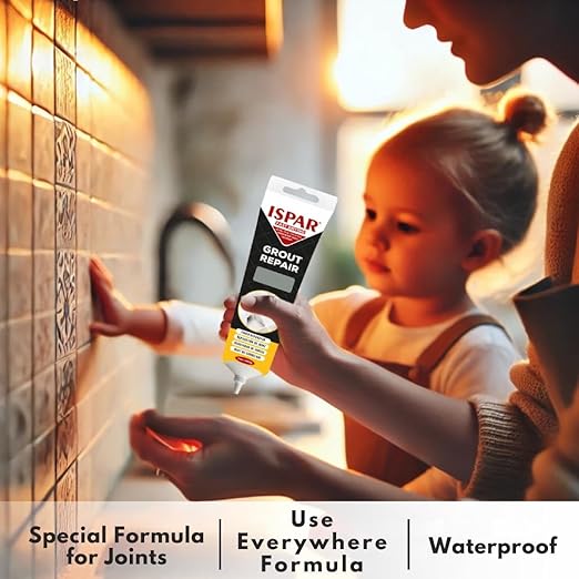 Tile Grout, Repair Kit – Gray Grout Filler 14oz Pre-Mixed Tube, Fast Drying Grout Paint for Bathroom, Shower, Kitchen, Floor Tiles – Includes Spatula & Sponge