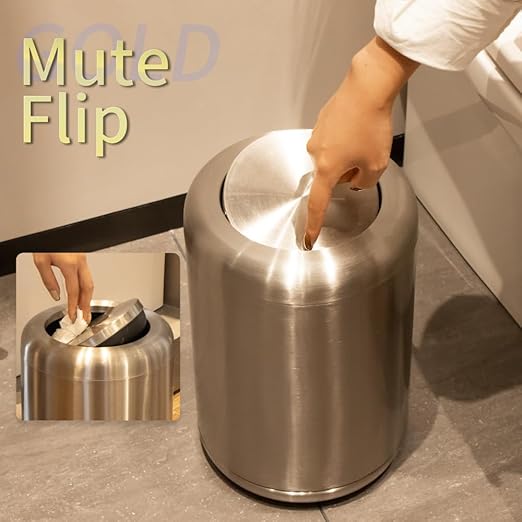 Waste Can 3 Gallon with Swing Lid，Brushed Stainless Steel Trash Can，Metal Cylindrical Garbage Can，Brass Wastebasket Bin for Bathroom,LivingRoom,Office,Kitchen,Bedroom,Hotel (Sliver)