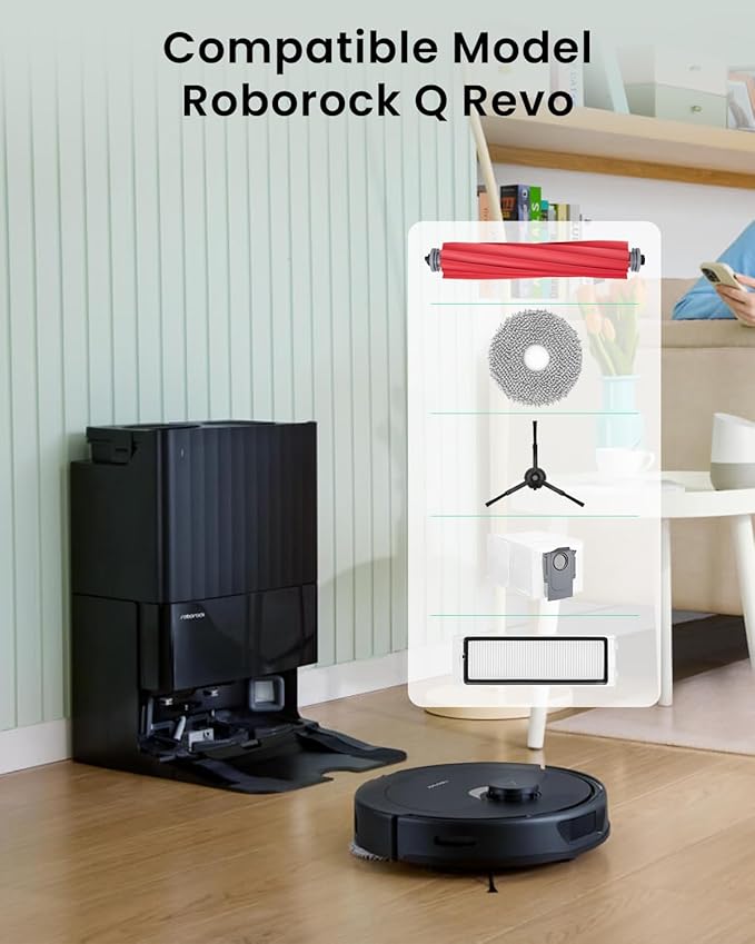 Rrochio 23 Pack Replacement Parts for Roborock Q Revo Robot Vacuum Accessories Kit with1 Main Brush,6 Mop Pads,6 Black Side Brushes,6 Dust Bags,2 Hepa Filter,1 Cleaning Tool,1 Screwdriver
