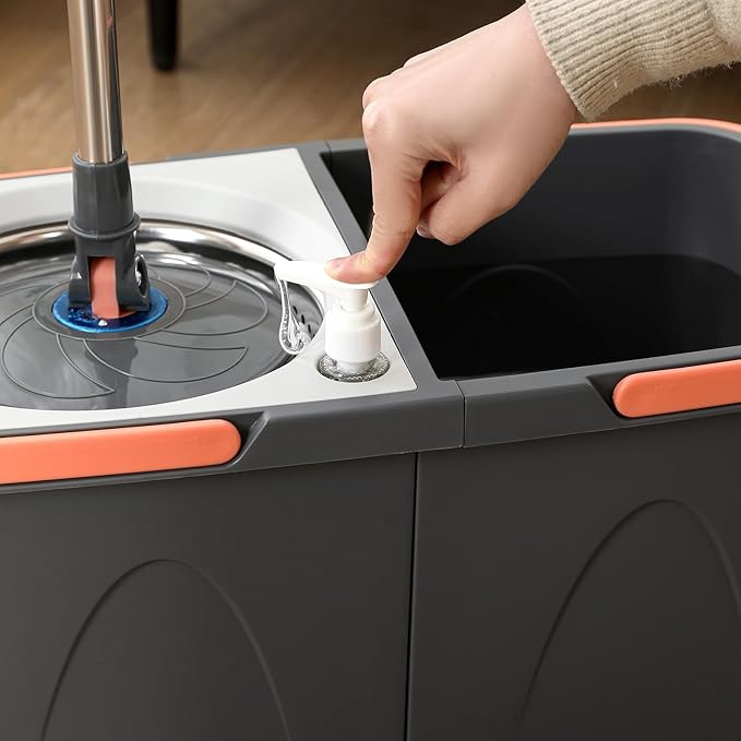 HOLJUS Spin Mop and Detachable Bucket Set with 5 Reusable Microfiber mop Head Dual-Chamber Water System Spining Mop Floor Cleaning Kit for Hardwood Tile Laminate Floors (Gray)