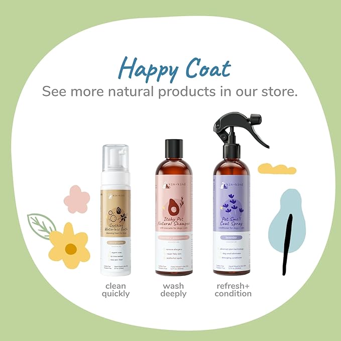 kin+kind Waterless Dry Shampoo for Dogs - Rinse-Free, Eliminate Itch and Odor, Natural Formula with Witch Hazel, Coconut Oil, Olive Oil and Lavender - Made in USA