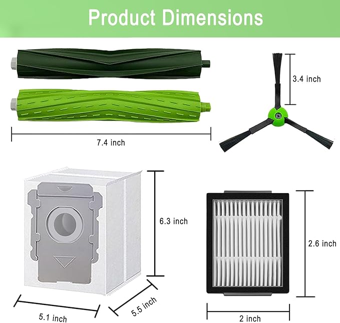Replacement Parts for iRobot Roomba E5 E6 E7 i2 i3 i3+i4 i4+ i5 i5+ i6 i6+ i7 i7+ i8 i8+/Plus i1 E i j Series Robot Vacuum,2 sets of multi-surface roller brushes 6 Vacuum bags 6 filters 6 side brushes