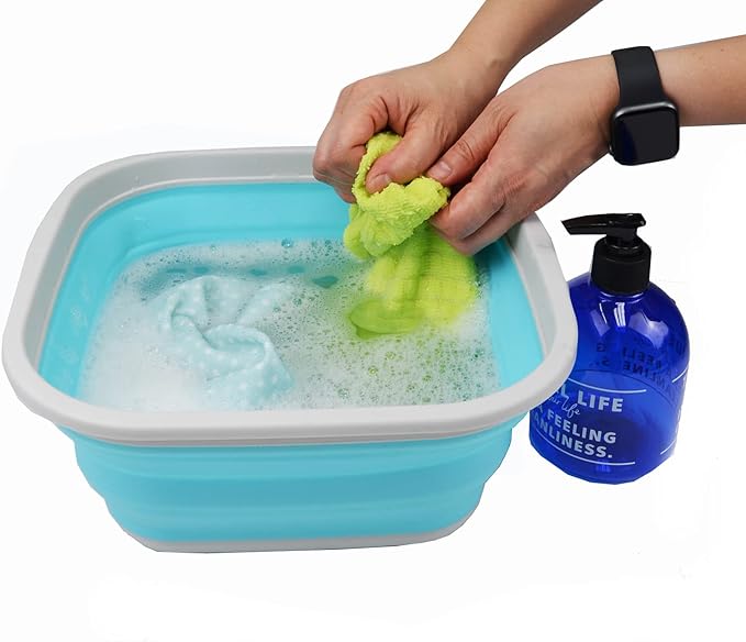 SAMMART 5.5L (1.4 Gallons) Collapsible Tub - Foldable Dish Tub - Portable Washing Basin - Space Saving Plastic Washtub (Grey/Cyanine, 1)