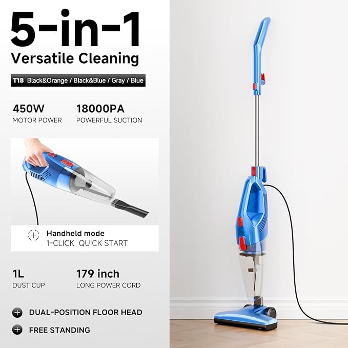 fenhua Corded Stick Vacuum Cleaner - Lightweight, Powerful Suction with 450W Motor, 3-in-1 16.4Ft Cord Vacuum Cleaners for Home, Hard Floor, Carpet, Pet Hair Deep Blue
