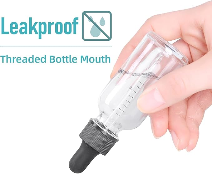 2 oz Dropper Bottle 48 Pack Clear Glass Boston Bottles 60ml with Eye Droppers Black Caps for Essential Oils, Perfume, Leak Proof Travel Bottles for Liquids