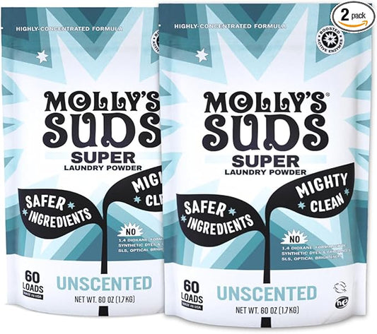 Molly's Suds Unscented Super Powder Detergent | Extra Strength Laundry Soap, Stain Fighting | Sensitive Skin | Simple, Effective Ingredients | 120 Loads Total (2 Pack)