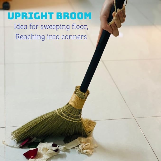 TTS For Home Natural Whisk Sweeping Black Handle Broom - Brooms for Wedding Jumping Ceremony Halloween DIY Decoration - Vietnamese Straw Soft Broom 12.2" Width, 28.35" Length