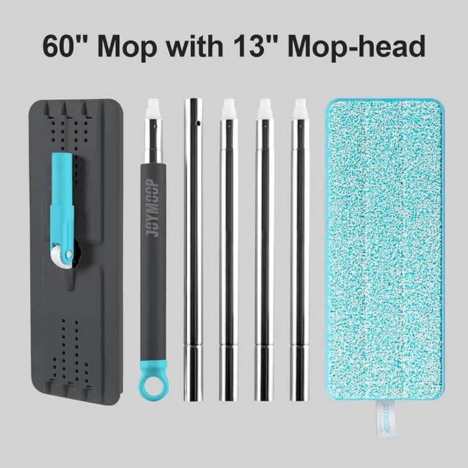 JOYMOOP Flat Mop, Microfiber Mops for Floor Cleaning and Wall Cleaner, 60" Long Handle with Flexible 13" Flat Head with a Microfiber Mop Pad - Grey & Cyan Blue