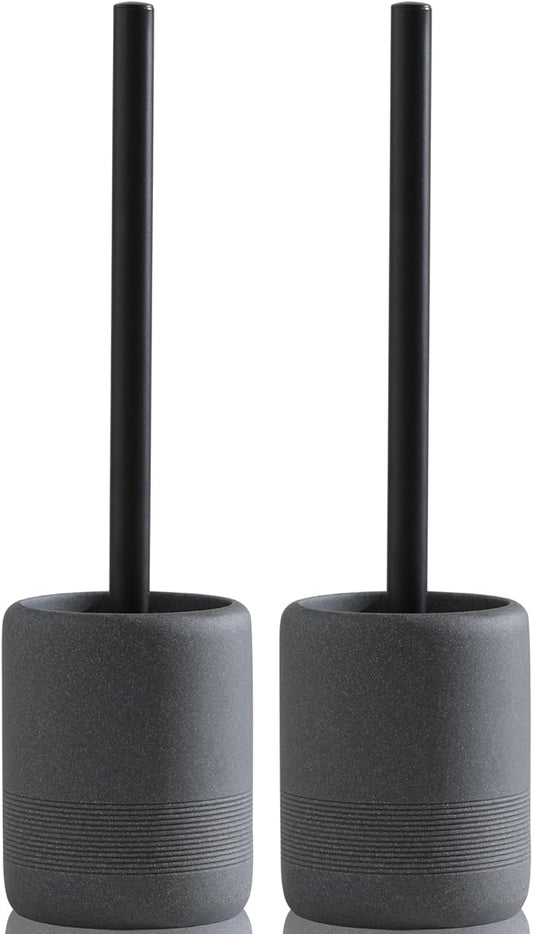 Haocoott Toilet Brush and Holder Set, 2 PCS Decorative Toilet Bowl Brush and Holder Set Bathroom Aceessories Toilet Scrubber Brush Set with Heavy-Weight Resin Base with Long Handle (Black)