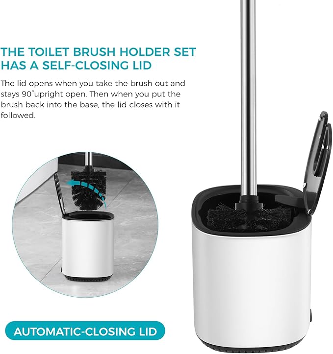 Toilet Brush and Holder Set Toilet Bowl Brush Stainless Steel Automatic Open lid Toilet Bowl Cleaner Brush with Durable Bristle Head Toilet Cleaning Brush for Bathroom (White, 2 Pack)