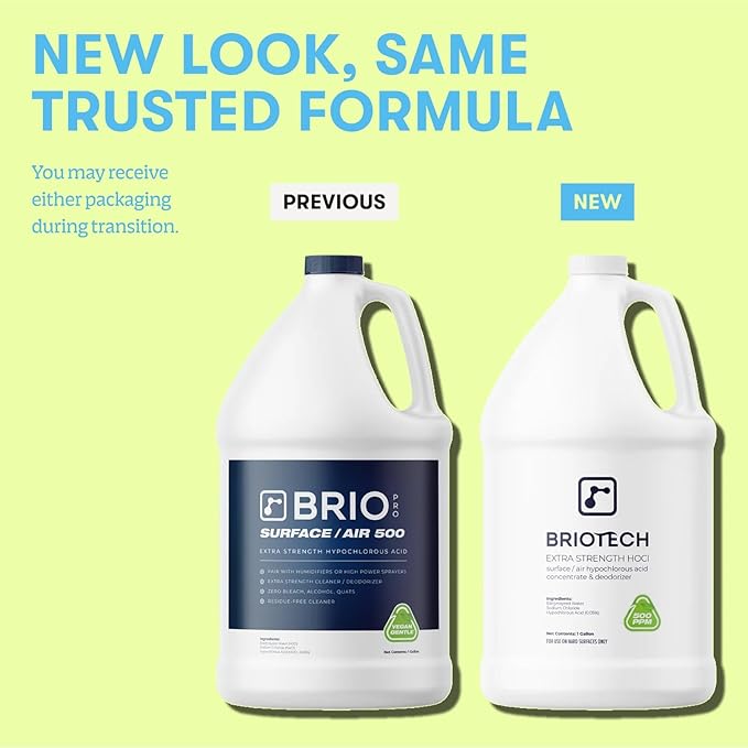 BRIOTECH Extra Strength HOCl Cleaner, 500 PPM Hypochlorous Acid Concentrate, ULV Foggers & Humidifiers, Professional Deodorizer for Dental, Offices, Schools, Homes, Peroxide Free, 32 fl oz (4 Pack)