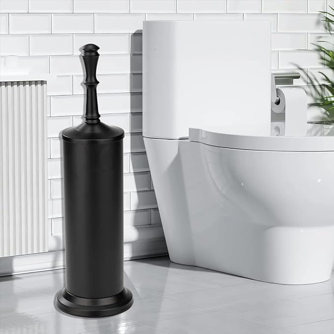 J&V TEXTILES Industrial Toilet Brush, Toilet Bowl Brush with Extra Long Handle Durable Bristles Toilet Scrubber and Covered Holder for Toilet Brush Set (Matte Black)