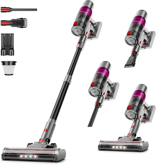 Clinkal Cordless Vacuum Cleaner: 40KPA Powerful Suction Cordless Stick Vacuum Cleaners for Home, Anti-Tangle Brush, Lightweight, 6-in-1 Rechargeable Vacuum for Pet Hair/Carpet/Hard Floor(Purple)