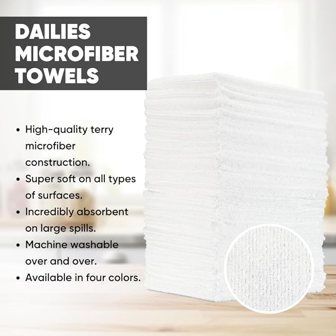 Dailies Microfiber Cleaning Cloths | 60-Pack (White) 12"x10" | Fits TowelNest Dispenser | Reusable, Absorbent, Washable | Eco-Friendly Paper Towel Alternative