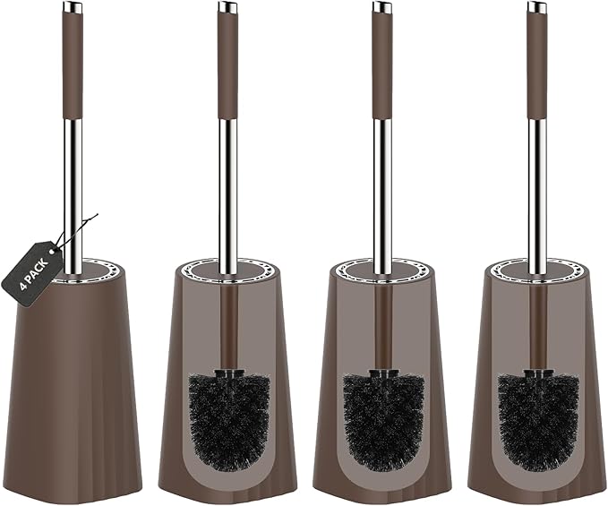 SetSail Toilet Brush, Compact Size Toilet Bowl Brush and Holder Toilet Brushes for Bathroom with Stainless Steel Handle Toilet Cleaner Brush with Durable Scrubbing Bristles, 4 Packs, Brown