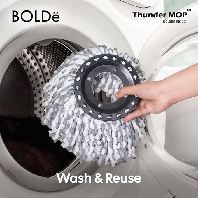 BOLDë Thunder Mop Spin System - Double-Sided - 2 Compact Stackable 6L Buckets, Microfiber Head, Stainless Steel Wringer, Antifungal Quick-Dry Cleaning, Soap Dispenser, 3 Free Refills (Black/Grey)
