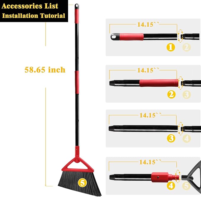 PUTNATRUE Heavy Duty Angle Broom, Upgraded Commercial Broom for Sweeping Indoor and Outdoor, Perfect Red Broom of Kitchen, Garage, Industrial and Courtyard