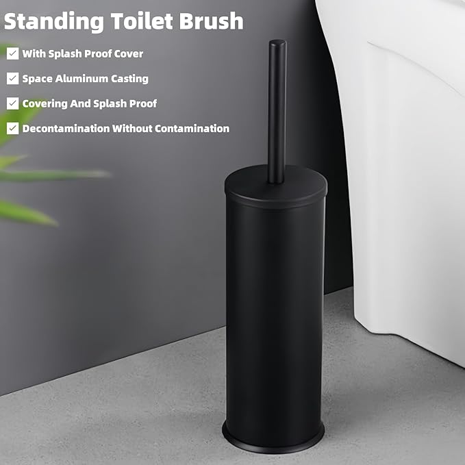 Standing Toilet Brush,Toilet Bowl Brush Holder Set,Bathroom Deep Cleaning Toilet Scrubber Rim Cleaner,304 Stainless Steel Toilet Clean Decorative Accessories for Toilet Cleaning (Matt Black) ﻿