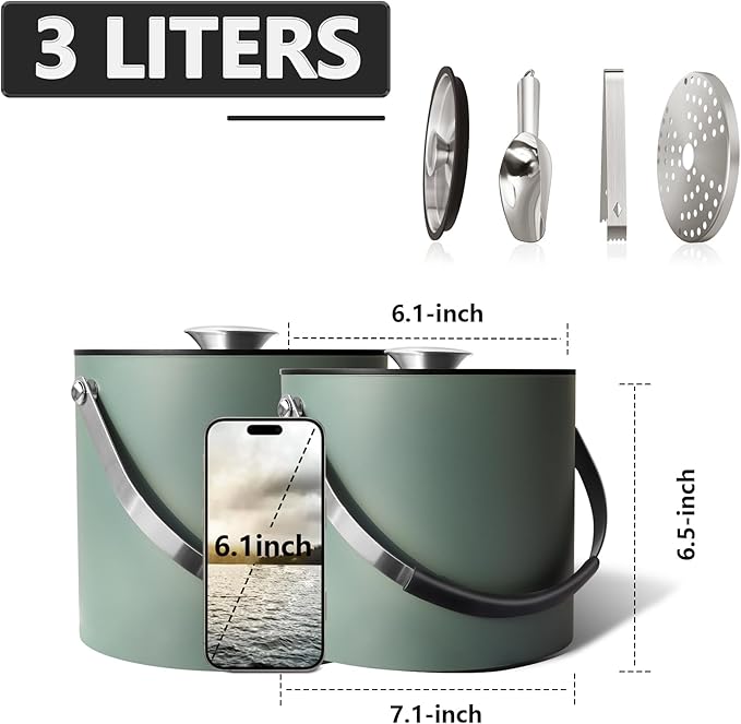 3L Ice Bucket with Silicone Lid, Scoop, Tongs & Strainer, Stainless Steel Double Wall Insulated Ice Buckets for Parties & Cocktail Bar, Outdoor Champagne Ice Container Bin, Dusty Green