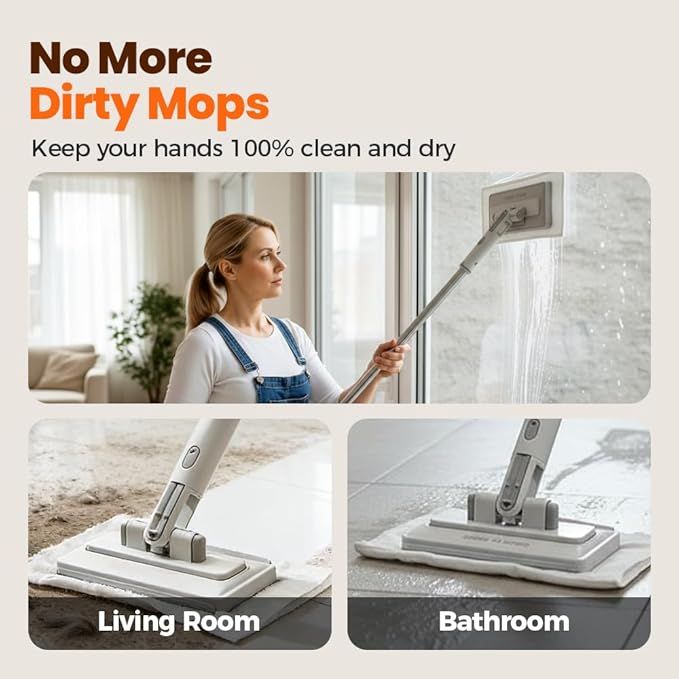 Snap Grip Mini Mop,Mini Sweeper Mop No-Touch Dirty Cleaning Flat Dust Mop for Dry Wet Disposable Pads,Corners Wall Multi Surface Cleaning (White 6.3x31 inch)